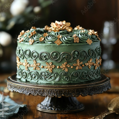 A beautifully decorated two-tiered St Patricks Day cake, featuring a green color scheme with gold accents, resting on a wooden table with a rustic feel The background suggests a fest - AI-Generated photo