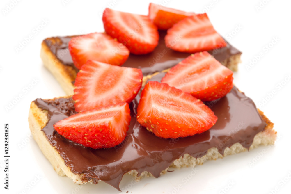 Delicious toasted bread topped with rich chocolate spread and fresh strawberries Delicious toasted bread topped with rich chocolate spread and fresh strawberries