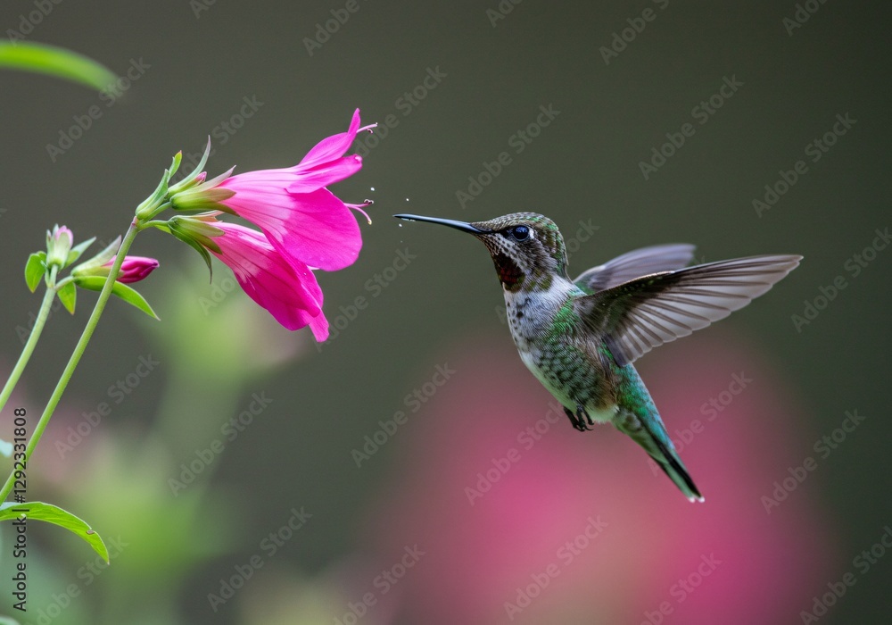 Fototapeta premium High-speed capture of a hummingbird hovering near a vibrant flower