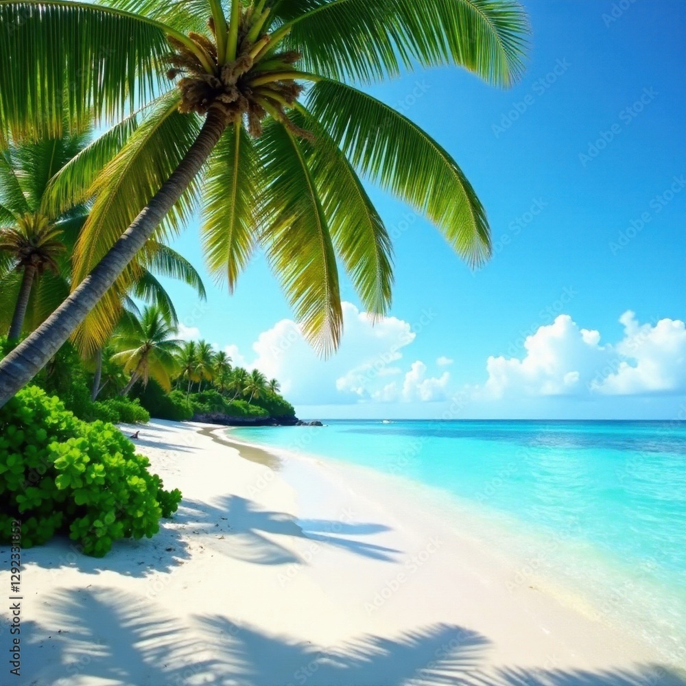 Fototapeta premium White sand, swaying palms, vibrant coral reef visible from shore , paradise, exotic