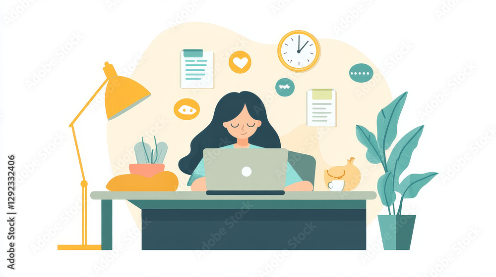Fototapeta premium Woman work on laptop at home. Vector set of flat illustrations of girl freelancer emotions. Office employee sleeping, eating, happy, angry, and busy. Concept of online business, freelance