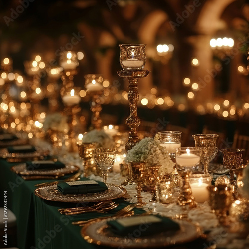 A grand, green-themed St Patricks Day banquet table with ornate candelabras and elaborate place settings - AI-Generated photo