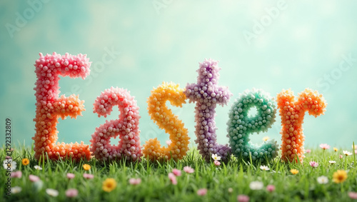 Colorful letters spelling Easter are arranged in a vibrant display, surrounded by plush greenery and small flowers. The soft textures create a playful and festive atmosphere