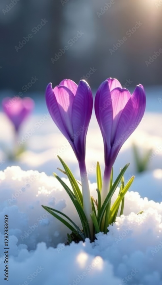 Vibrant purple crocus blooms emerge from melting snow , landscape, first bloom Vibrant purple crocus blooms emerge from melting snow , landscape, first bloom