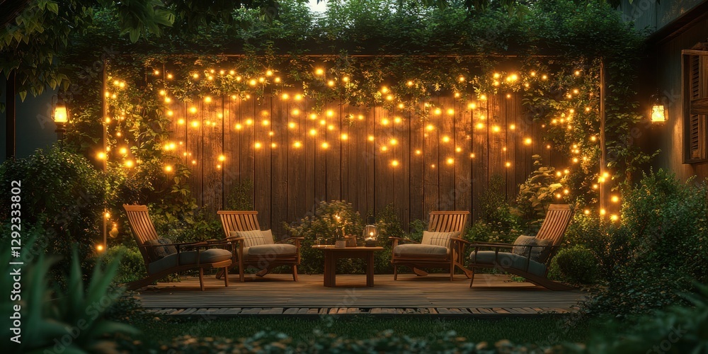 Obraz premium Cozy Outdoor Seating Area With Wooden Chairs Illuminated By Fairy Lights In Lush Garden