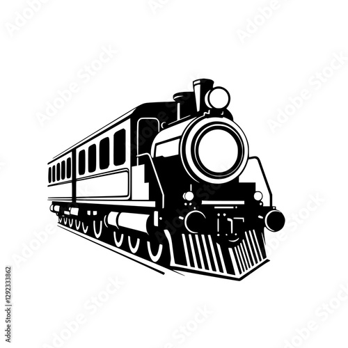 Black and White Illustration of a vintage steam-powered train in a forward angle view. Perspective of an train with a front perspective view, isolated on a white background.