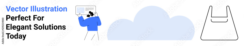 Person examines display, cloud icon, reusable bag outline, minimalistic style. Ideal for business solutions, online services, eco-friendly themes, technology, cloud computing data analysis flat Person examines display, cloud icon, reusable bag outline, minimalistic style. Ideal for business solutions, online services, eco-friendly themes, technology, cloud computing data analysis flat
