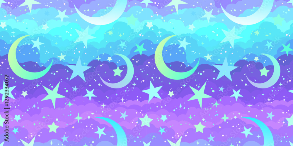 Fototapeta premium Neon stars on bright clouds background. Seamless pattern