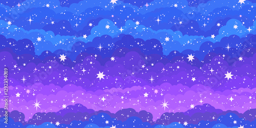 Seamless pattern. Scattering of stars on a background of blue clouds