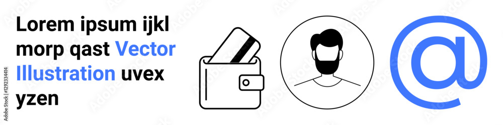 Wallet with credit cards, male avatar, and at symbol. Ideal for finance, digital identity, contact information, online communication, virtual services networking and security. Landing page Wallet with credit cards, male avatar, and at symbol. Ideal for finance, digital identity, contact information, online communication, virtual services networking and security. Landing page