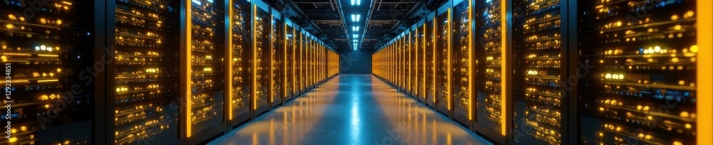 Fototapeta premium Intricate server room, yellow fiber optic cables glow , technology background, background