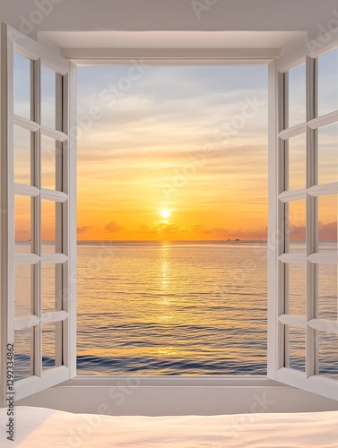 Sunset ocean view window with golden sky and gentle waves