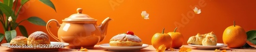 Orange-themed tea party spread, tea pot, pastries, warm, fresh