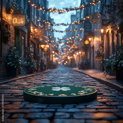 A charming St Patricks Day scene on a cobblestone street, lined with green buildings and adorned with lanterns and twinkling lights A shamrock-decorated doorstop rests in the foregro - AI-Generated photo