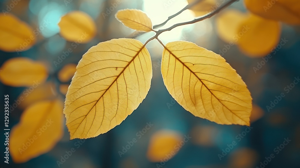 Obraz premium Golden autumn leaves backlit forest sunlight