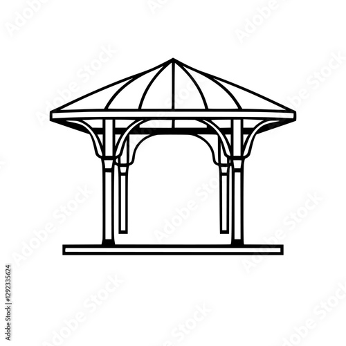 Silhouette of a gazebo with arched columns and a sloped roof.