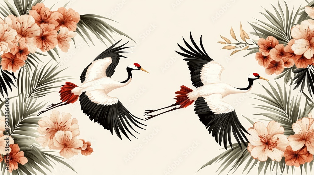 Fototapeta premium Romantic Toile de Jouy pattern with graceful cranes flying among palm groves and exotic blooms, classic tropical print
