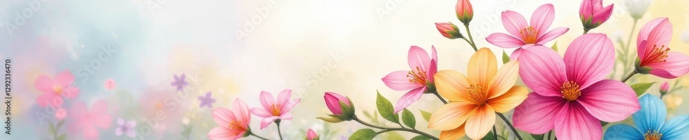 Close-up pastel watercolor painting, spring flowers, soft edges, delicate, springtime Close-up pastel watercolor painting, spring flowers, soft edges, delicate, springtime