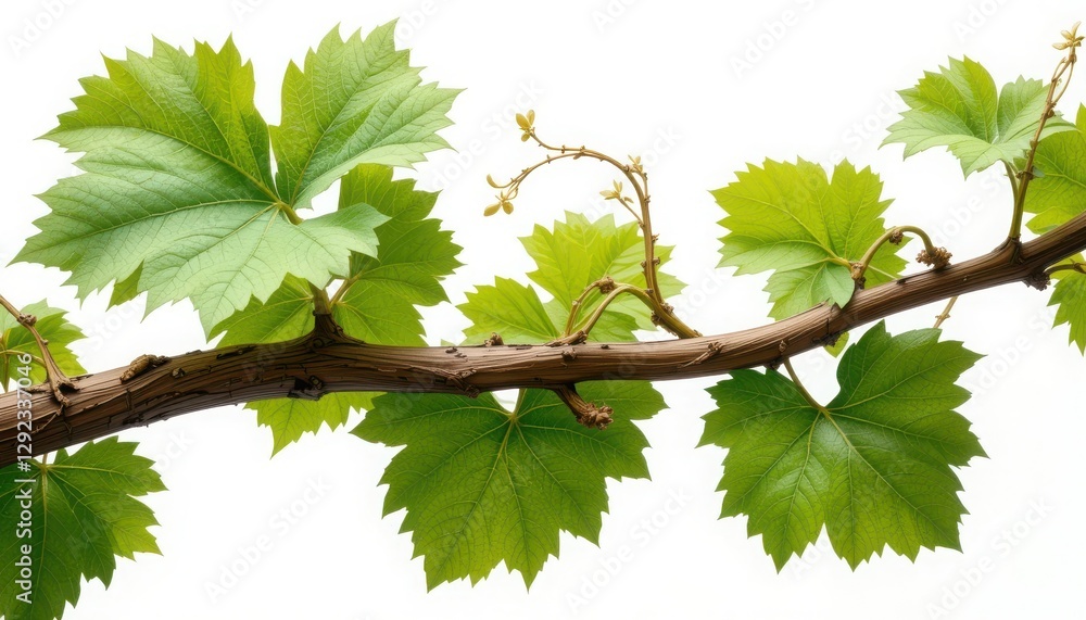 Fototapeta premium Grapevine Branch with Green Leaves Isolated on White Background