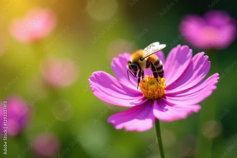 Honeybee collecting pollen and nectar from purple cosmos flower in a sunny garden, nectar, pollen Honeybee collecting pollen and nectar from purple cosmos flower in a sunny garden, nectar, pollen