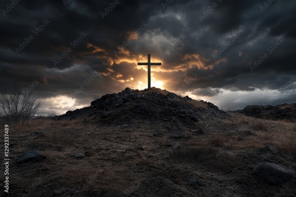 Obraz premium Glowing Cross on Rocky Hill – Spiritual Christian Symbol, Divine Light, Faith and Hope, Dramatic Sky, Religious Worship Background, Easter Resurrection