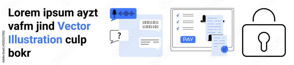 Chat bubbles, digital interfaces, payment screen, secure lock. Ideal for cybersecurity, digital payment, data privacy, communication authentication encryption technology concepts. Abstract line Chat bubbles, digital interfaces, payment screen, secure lock. Ideal for cybersecurity, digital payment, data privacy, communication authentication encryption technology concepts. Abstract line
