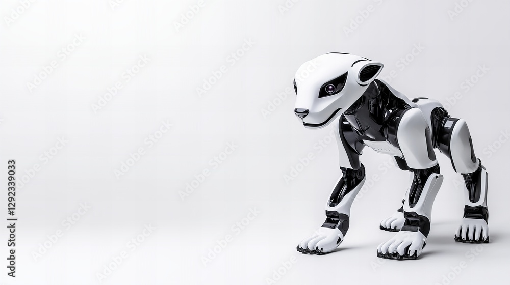 A sleek, robotic canine in white and black stands poised against a minimalist white background. A sleek, robotic canine in white and black stands poised against a minimalist white background.