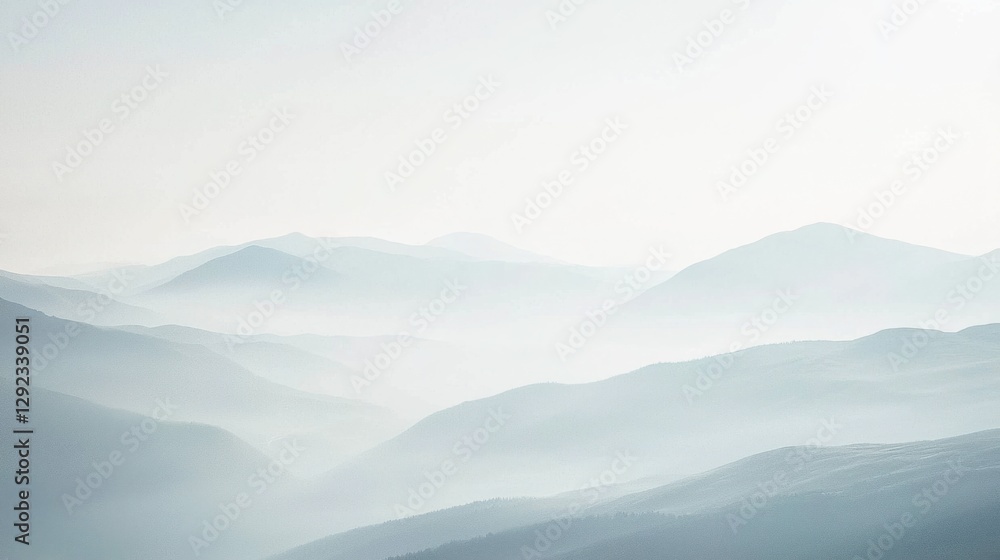 Serene Misty Landscape with Soft Rolling Hills and Mountains Serene Misty Landscape with Soft Rolling Hills and Mountains