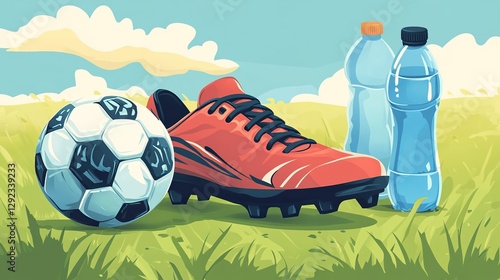 Soccer cleats, ball, and water bottles on grassy field