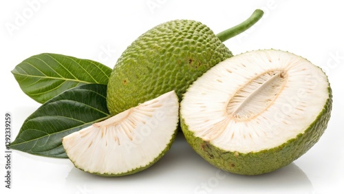 Breadfruit, sliced, leaves, white background