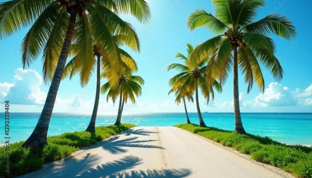 Obraz premium Shadowy palm-lined road curves towards shimmering turquoise ocean , sky, highway