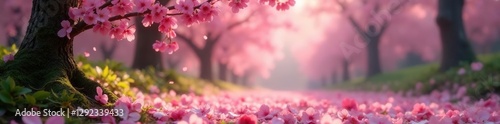 Soft pink cherry blossom petals fall on a lush forest floor, cherry blossoms, branch