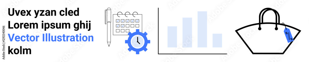 Calendar, clock gear, bar graph, and handbag suggest time management, analytics, productivity, retail, and commerce. Ideal for scheduling workflow business strategy marketing finance flat Calendar, clock gear, bar graph, and handbag suggest time management, analytics, productivity, retail, and commerce. Ideal for scheduling workflow business strategy marketing finance flat