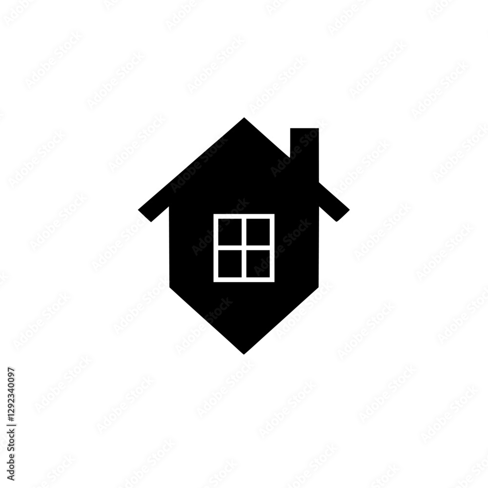Black and white minimalist house symbol with white window on a plain background. Black and white minimalist house symbol with white window on a plain background.