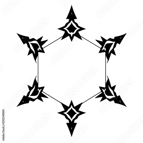 Geometric star-shaped design composed of interlinked points and geometric shapes in monochrome.