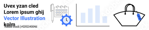 Calendar, clock gear, bar graph, and handbag suggest time management, analytics, productivity, retail, and commerce. Ideal for scheduling workflow business strategy marketing finance flat