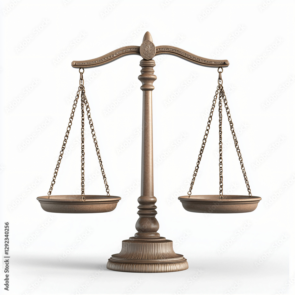 balanced justice scale with realistic metallic texture and subtle patina, isolated on white