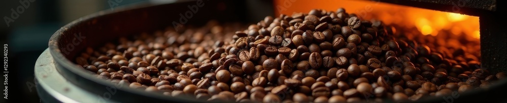 Naklejka premium Dark brown coffee beans tumbling in hot industrial roaster, coffee beans, bean