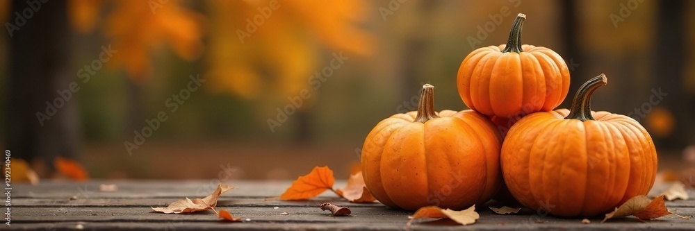 Golden pumpkins stacked on wooden planks with autumn leaves, earthy, fall Golden pumpkins stacked on wooden planks with autumn leaves, earthy, fall