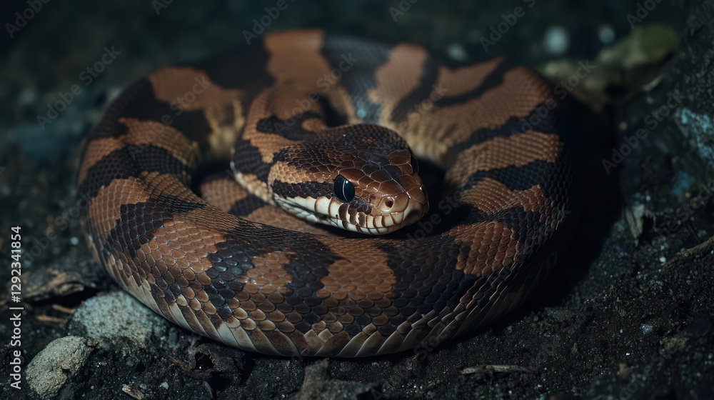 Coiled snake, night, forest floor, wildlife Coiled snake, night, forest floor, wildlife