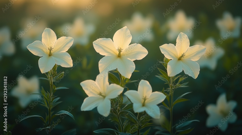 Fototapeta premium Golden-hour white flowers field sunrise serenity