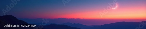 Crescent moon hangs delicately above distant hills, mountain, night sky
