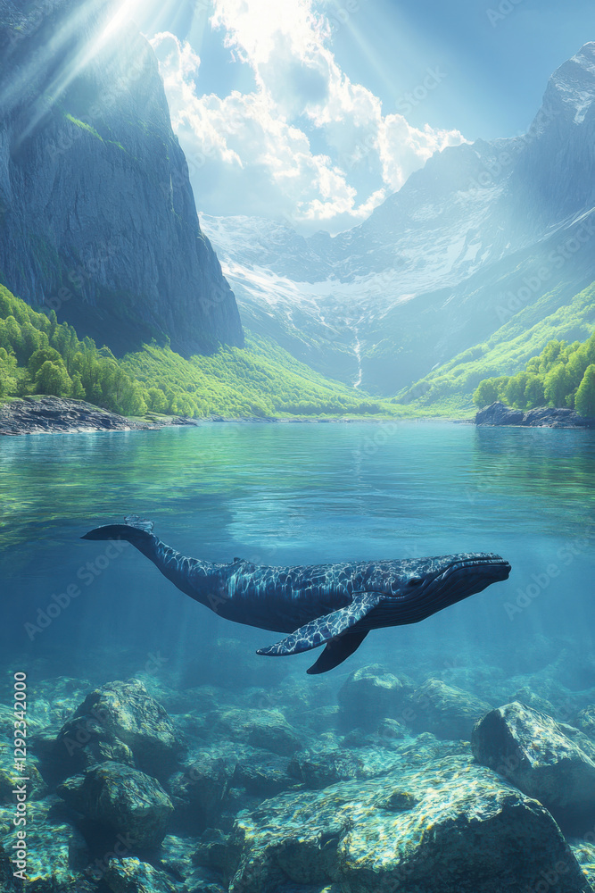 Fototapeta premium Majestic blue whale swimming in pristine mountain lake with sunlit peaks and clear waters