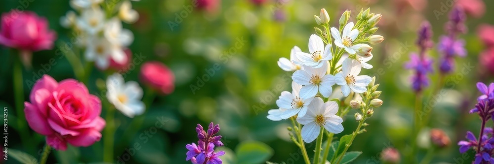 High-angle view of white Verbascum blossoms amidst roses and salvia , white, lamiaceae High-angle view of white Verbascum blossoms amidst roses and salvia , white, lamiaceae