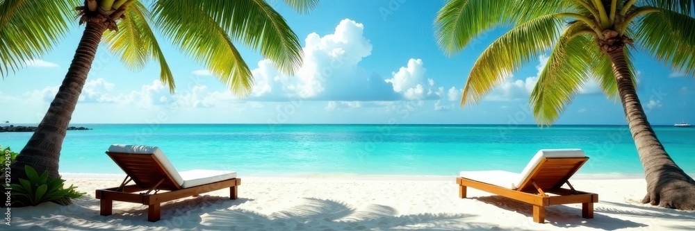 Serene tropical beach; lounge chairs, palm trees, calm turquoise sea , ocean, banner Serene tropical beach; lounge chairs, palm trees, calm turquoise sea , ocean, banner