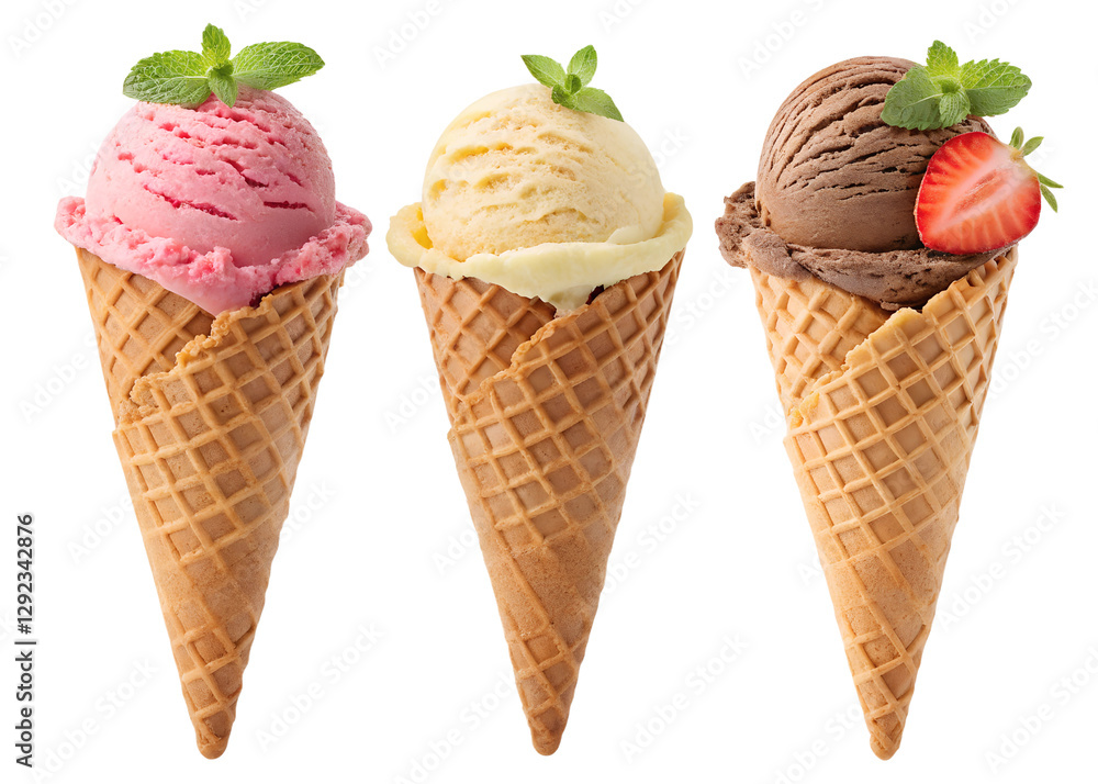 Various ice cream scoops in waffle cone isolated on transparent background for PNG Various ice cream scoops in waffle cone isolated on transparent background for PNG