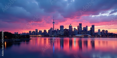 Montreal skyline panorama, dusk, St Lawrence River, vibrant colors, canada, urban, travel photography