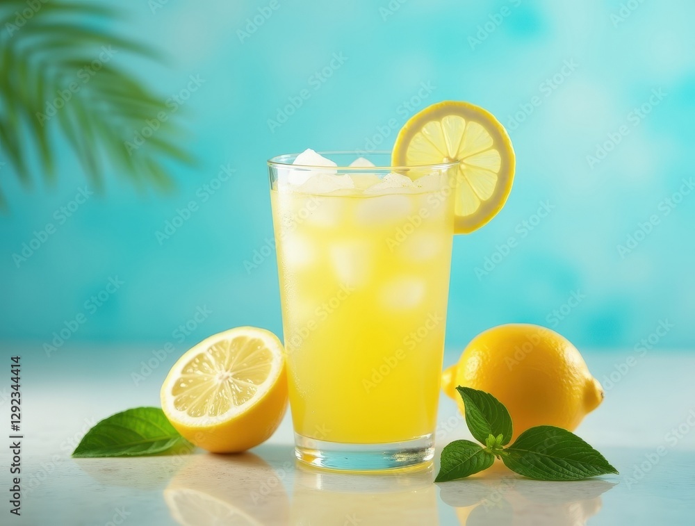 Refreshing summer lemon drink with ice cubes and vibrant background Refreshing summer lemon drink with ice cubes and vibrant background