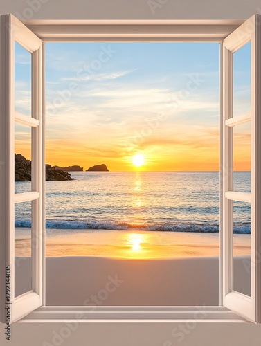 Sunset ocean view window with golden sky and gentle waves