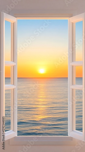 Sunset ocean view window with golden sky and waves, phone wallpaper